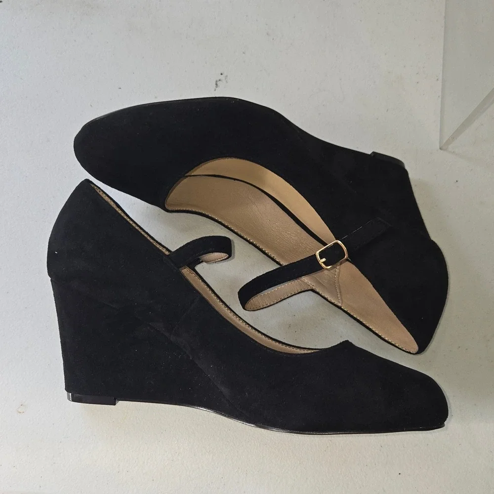 Difema Womens Black Faux Suede Mary Jane Wedge Heels Pumps Size 10 Round Toe